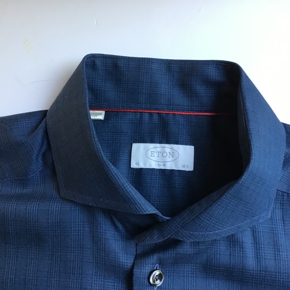 ETON slim dark blue checkered shirt Sz 16.5 made in Europe - Picture 1 of 9
